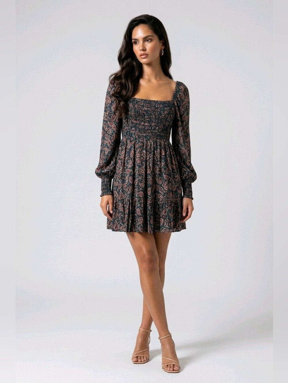 Apricot Black Floral Smocked Mini Dress with Pink Accents
